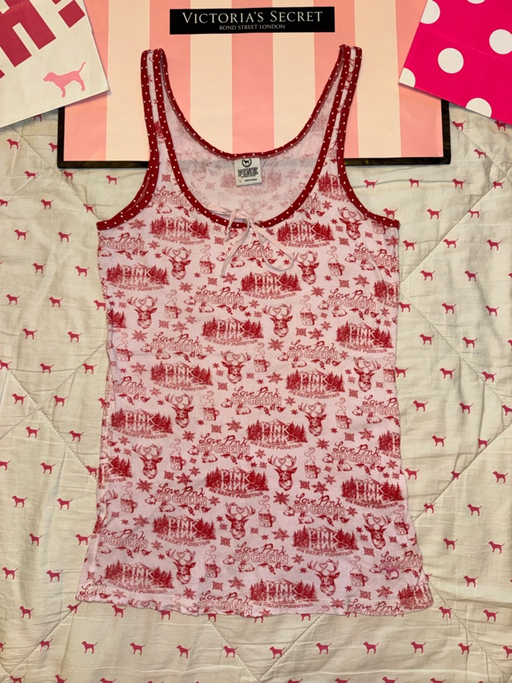 VS PINK VINTAGE Y2K TANK TOP WINTER SCENE BIG HEART MOUNTAIN GO GREEN RARE LG